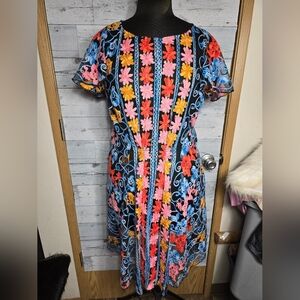 Vintage Black Sheer Floral Embroidered Midi Dress